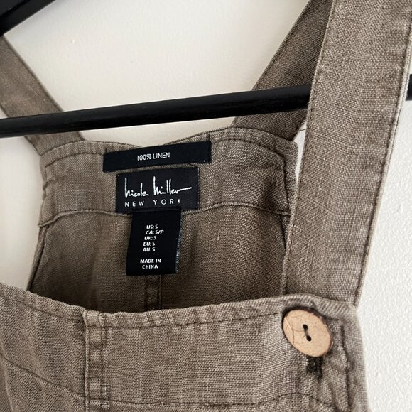 Nicole Miller 100% Linen Khaki Green Overalls - Picture 2 of 7